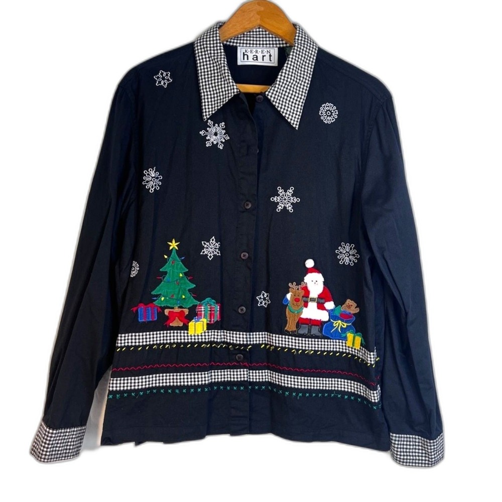 Keren Hart Christmas Holiday Themed Button Up Cotton Blouse SZ Large